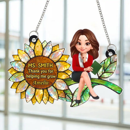 Personalized Acrylic Suncatcher Ornament for Teacher, Unique Sunflower Gift with Cartoon Teacher Holding a Book