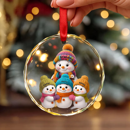 Personalized Crystal Ornament with Grandma and Snowman Family, Heartwarming Christmas Keepsake and Creative Gift for Family