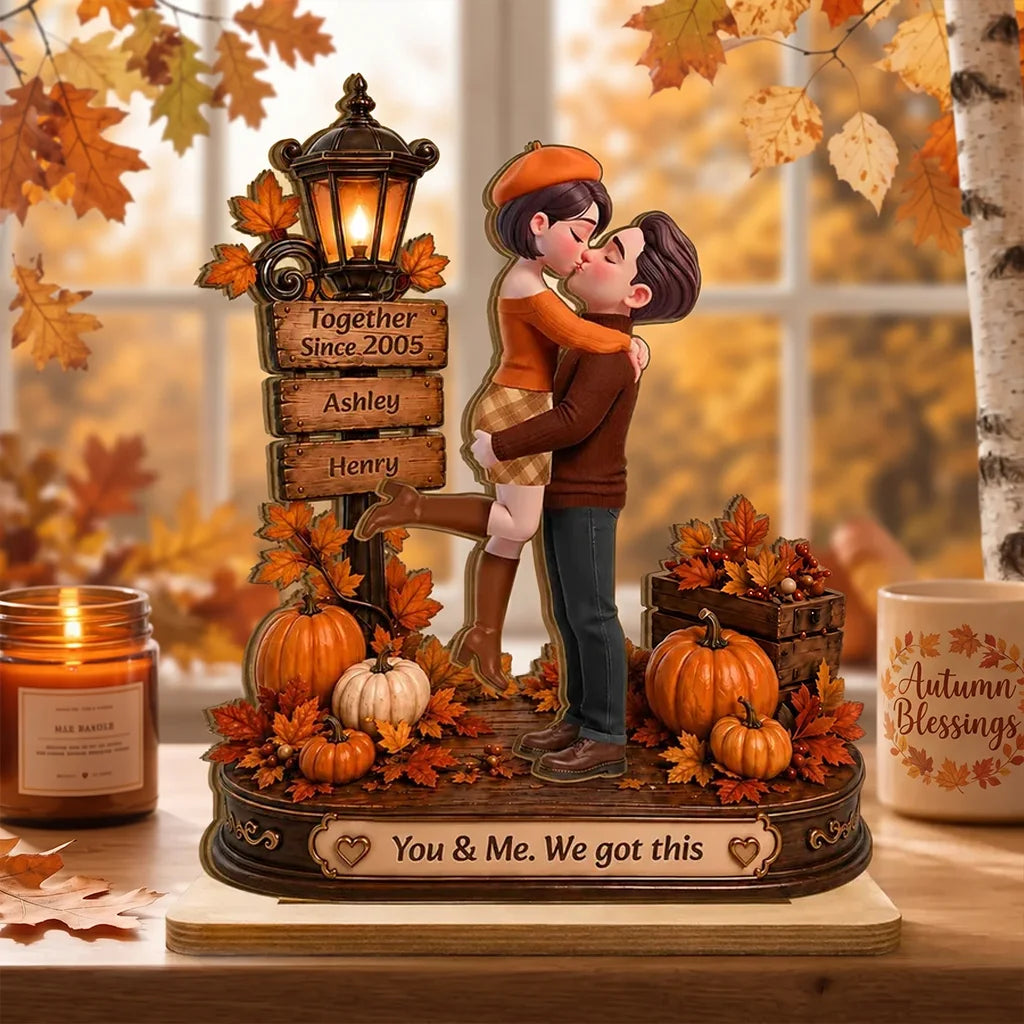 Personalized 2-Layer Wooden Plaque, Kissing Couple in Cozy Fall Scene, Unique Anniversary Gift for Couples