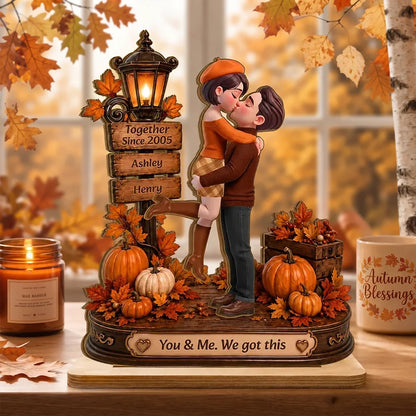 Personalized 2-Layer Wooden Plaque, Kissing Couple in Cozy Fall Scene, Unique Anniversary Gift for Couples