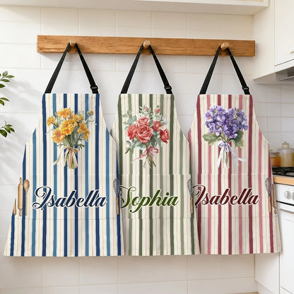 Personalized 4-Pocket Apron with Vintage Floral Stripes, Creative Gift for Home Cooks