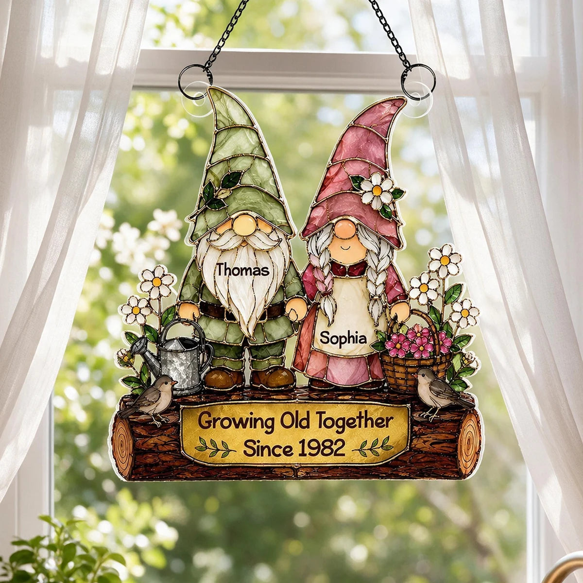 Personalized Acrylic Suncatcher Ornament, Holding Hands Gnome Couple in a Floral Garden, Unique Anniversary Gift