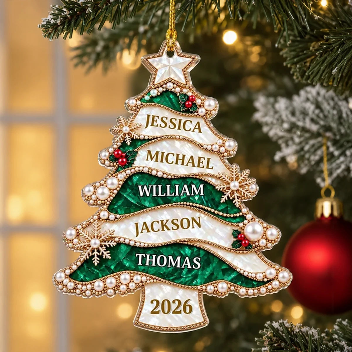 Personalized Acrylic Ornament, Jeweled Green Christmas Tree Design, Unique Family Gift and Festive Decor