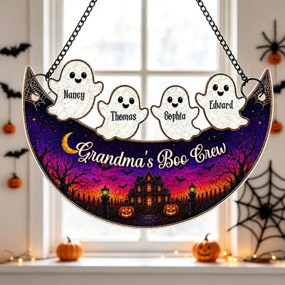 Personalized Acrylic Suncatcher Ornament for Grandma, Moon Boo Crew Halloween Window Decor, Unique Gift