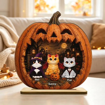 Custom 2-Layer Wooden Plaque, Moonlit Pumpkin Cat Keepsake, Unique Creative Gift for Pet Owners