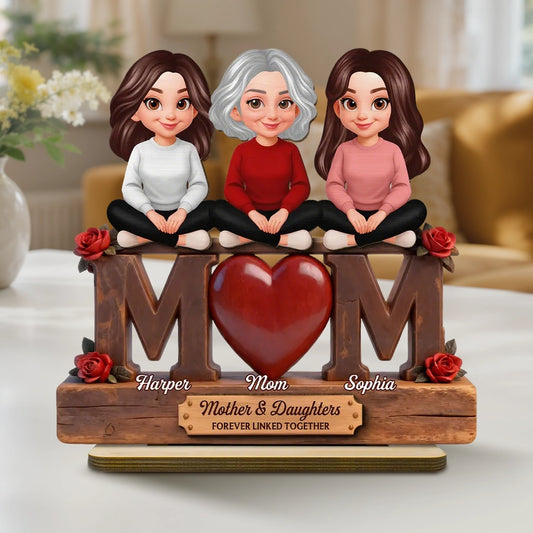 Personalized 2-Layer Wooden Plaque Mom and Daughters Cartoon Sitting on MOM Heart - Unique Mother's Day Gift