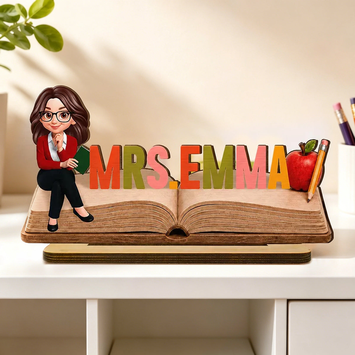 Personalized 2-Layer Wooden Plaque, Open Book Teacher Name Sign, Unique Classroom Desk Gift