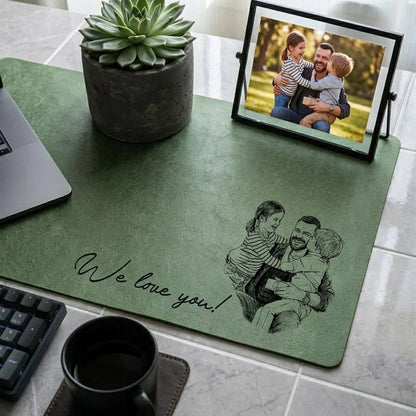 Leather Desk Mat with We Love You Sketch, Custom Family Office Gift for Dad with Warm Green Style
