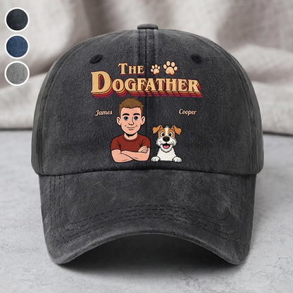 Personalized Washed Cotton Cap with Dog Dad Cartoon, Vintage The Dogfather Unique Gift for Dog Lovers
