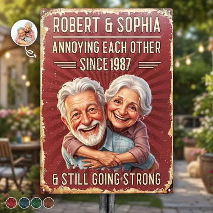 Personalized Rectangular Iron Sign, Red Vintage Caricature of Hugging Couple, Unique Anniversary Gift