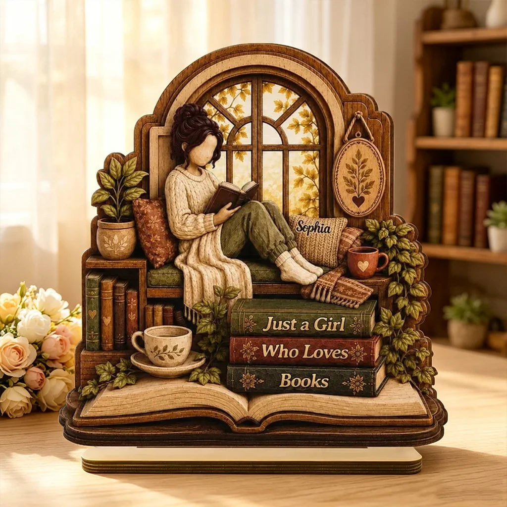 Personalized Wooden Plaque for Book Lover, Girl Reading in Cozy Window Nook, Unique Creative Gift