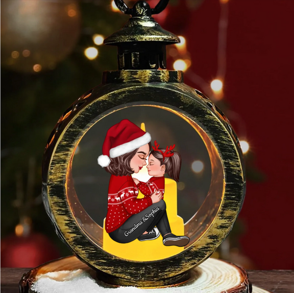 Christmas Tree Personalized Lantern Ornament - Grandma Mom Hugging Kissing Kids