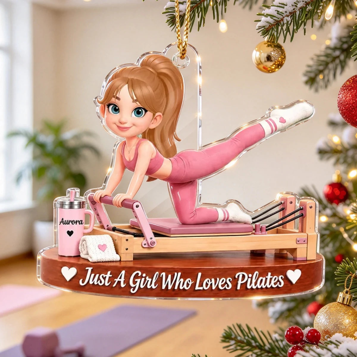 Personalized Acrylic Ornament, Pink Pilates Reformer Girl, Unique Christmas Gift for Wife, Daughter or Friend