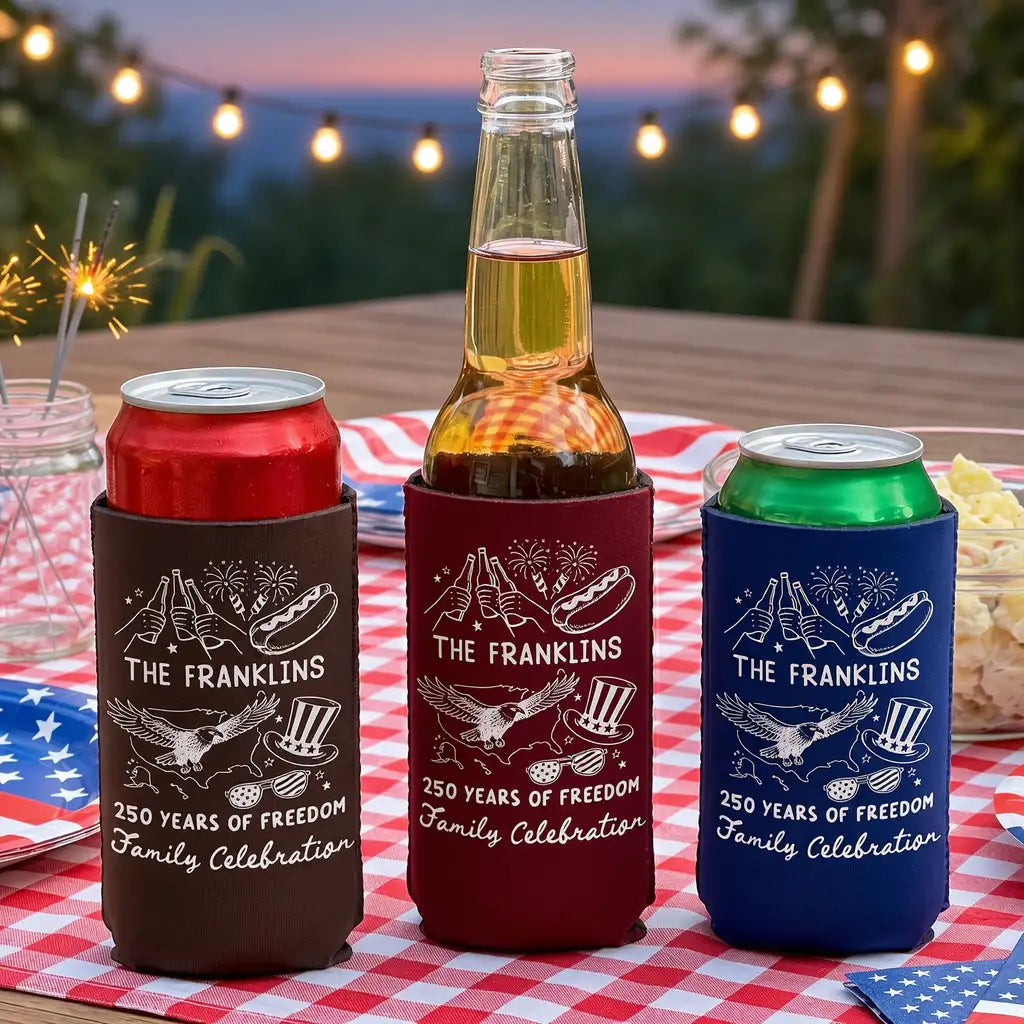 Custom Can Cooler for Backyard Family Freedom Celebration, Creative Gift with Fireworks & Eagle Art