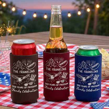 Custom Can Cooler for Backyard Family Freedom Celebration, Creative Gift with Fireworks & Eagle Art