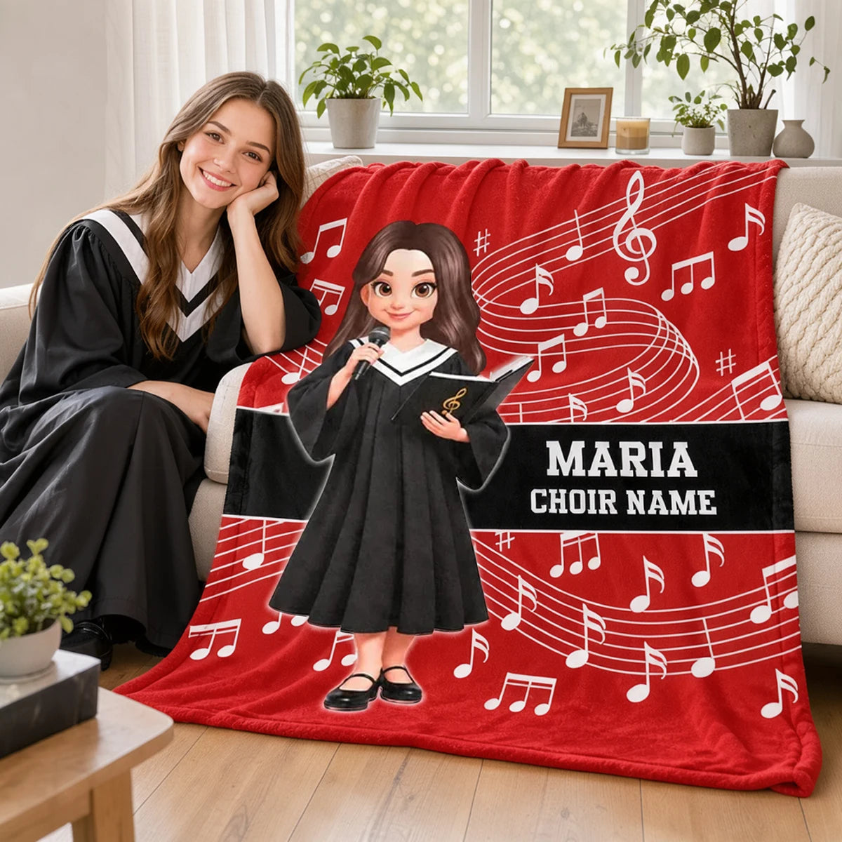 Personalized Fleece Blanket, Red Choir Graduate Holding a Microphone, Unique Music Gift for Singers