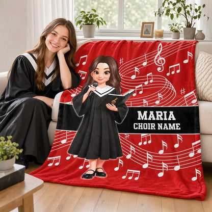 Personalized Fleece Blanket, Red Choir Graduate Holding a Microphone, Unique Music Gift for Singers