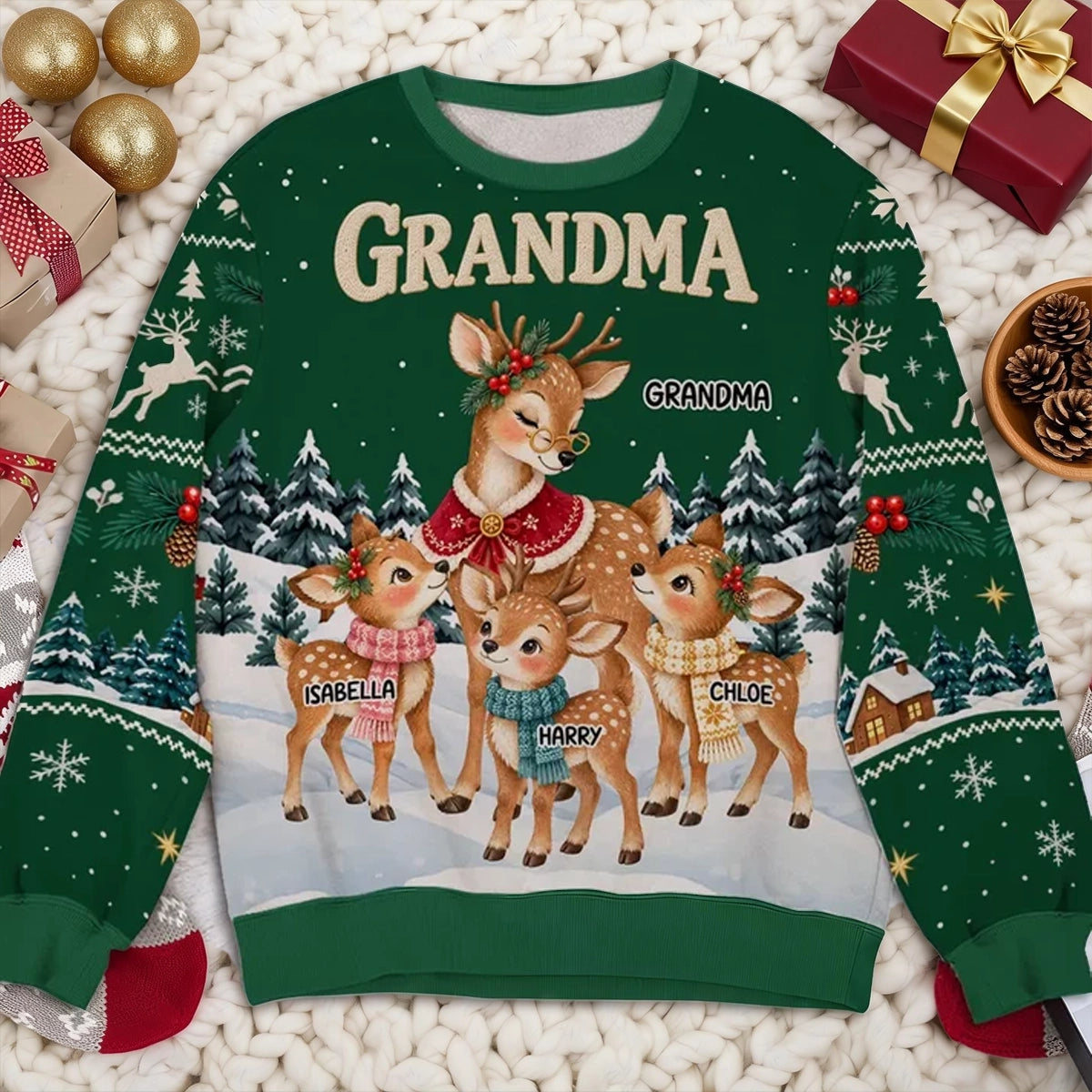 Personalized Printed Sweatshirt, Grandma Reindeer with Fawns in a Snowy Forest, Unique Christmas Gift for Grandma