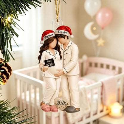 Pregnancy Acrylic Ornament, Personalized Couple in Santa Hats with Ultrasound, Unique Gift for Expecting Parents