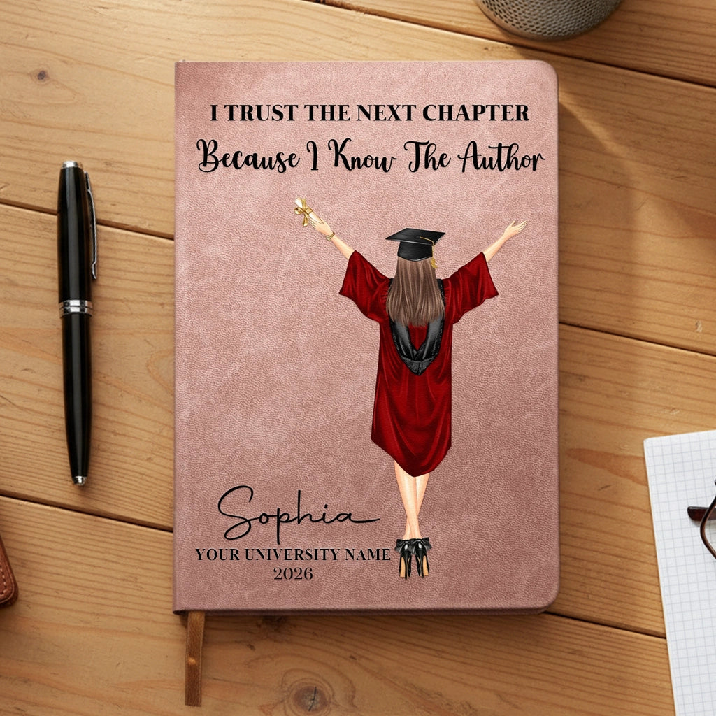 Graduation Leather Journal Personalized Gift, Cap and Gown Illustration, A Heartwarming Next Chapter Keepsake