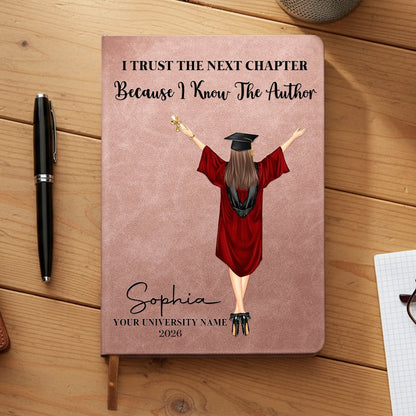Graduation Leather Journal Personalized Gift, Cap and Gown Illustration, A Heartwarming Next Chapter Keepsake