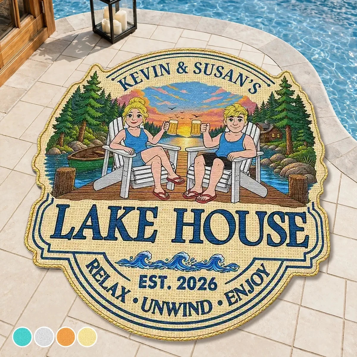 Personalized Shaped Doormat, Relax Unwind Enjoy Lakeside Couple Scene, Creative Gift for Lake House Owners