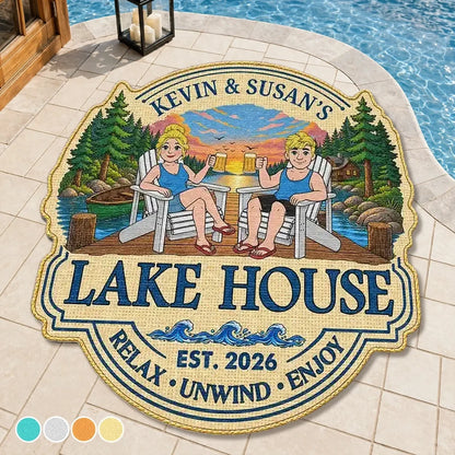Personalized Shaped Doormat, Relax Unwind Enjoy Lakeside Couple Scene, Creative Gift for Lake House Owners