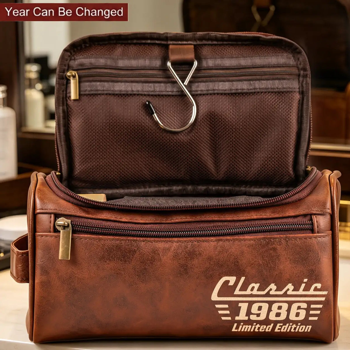 Personalized Leather Toiletry Bag With Changeable Year, Unique Creative Gift for Dad or Husband