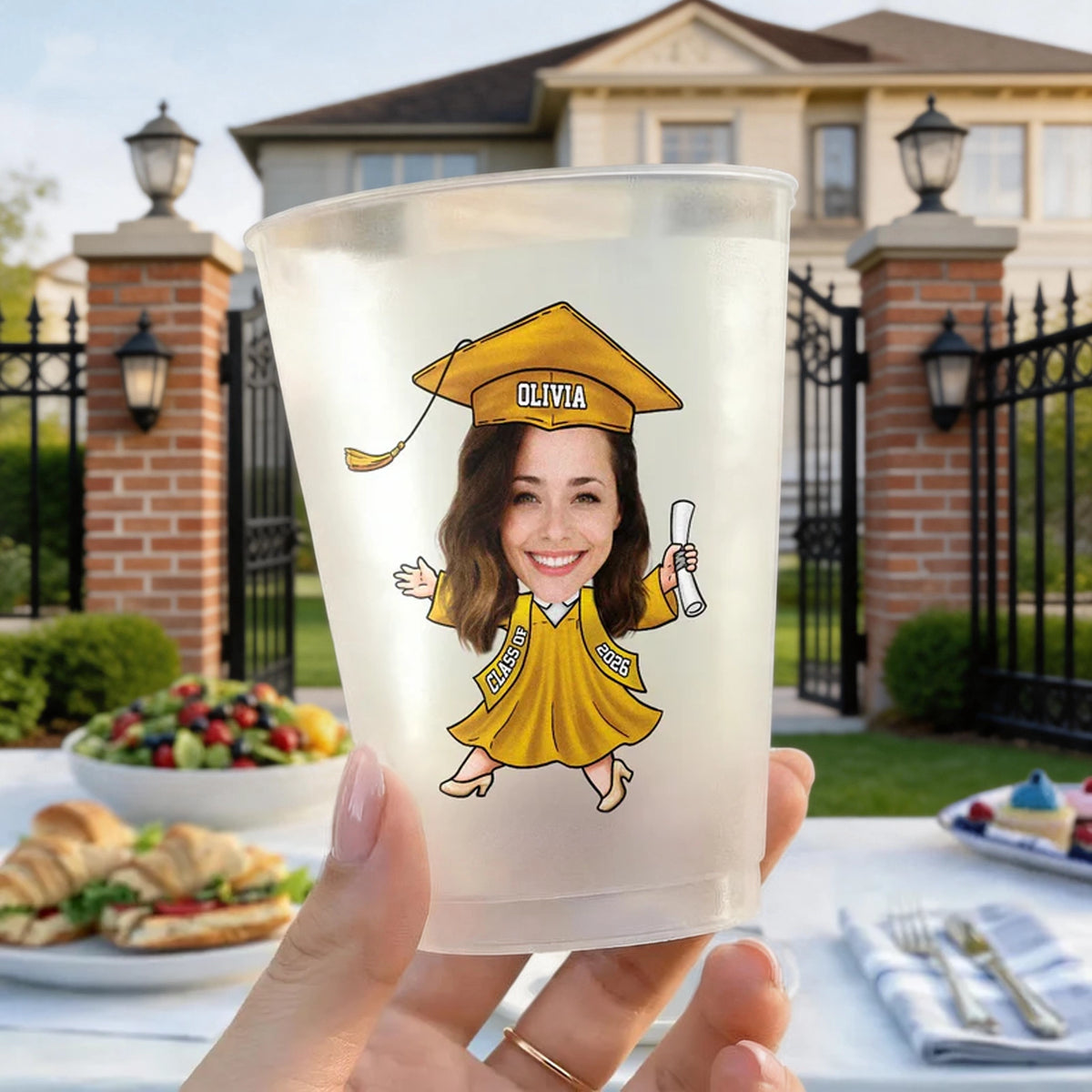 Personalized Frosted Plastic Cup with Smiling Graduate, Unique Creative Gift for Her Graduation Party