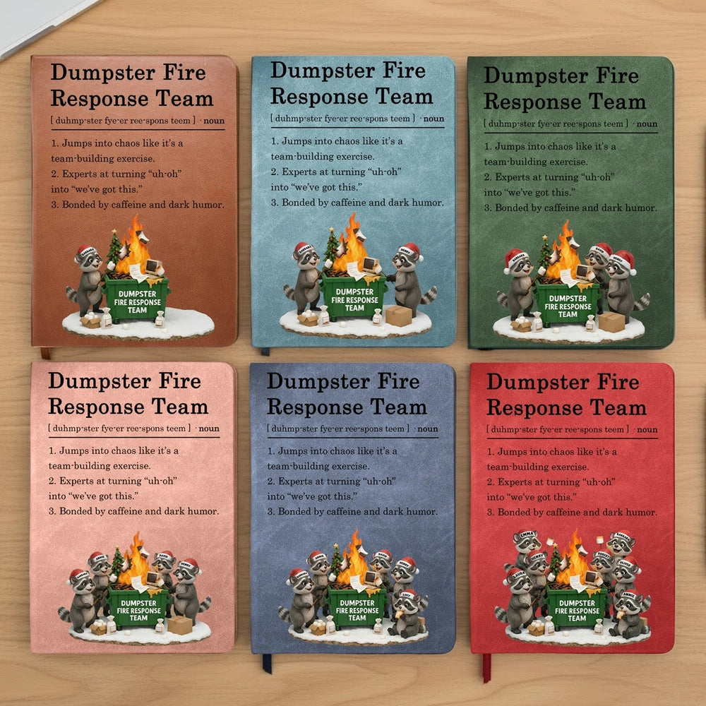 Leather Journal Dumpster Fire Response Team Cute Raccoon Chaos Crew Design, Personalized Funny Gift for Coworkers