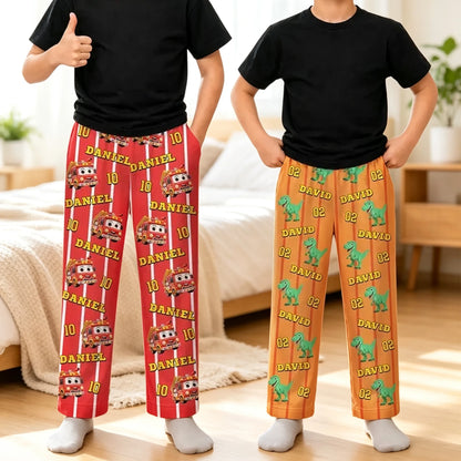 Personalized Kids Pajama Pants with Cartoon Fire Truck or Dinosaur Print, Unique At-Home Gift for Kids