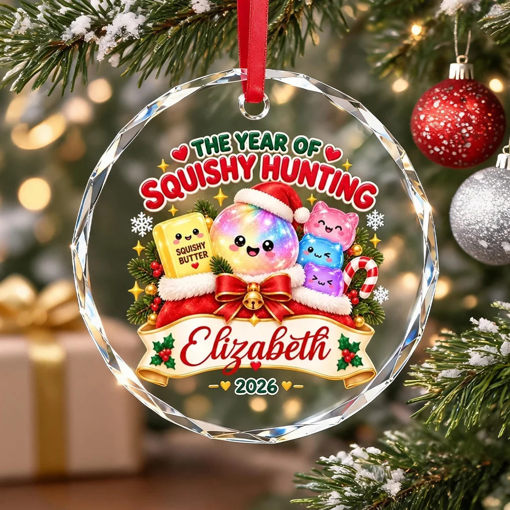 Personalized Crystal Ornament, Kawaii Squishy Hunting on a Christmas Tree, Unique Gift for Kids