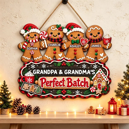 Personalized Wooden Sign with Gingerbread Family Standing Together, Christmas Decor, Unique Gift for Grandparents
