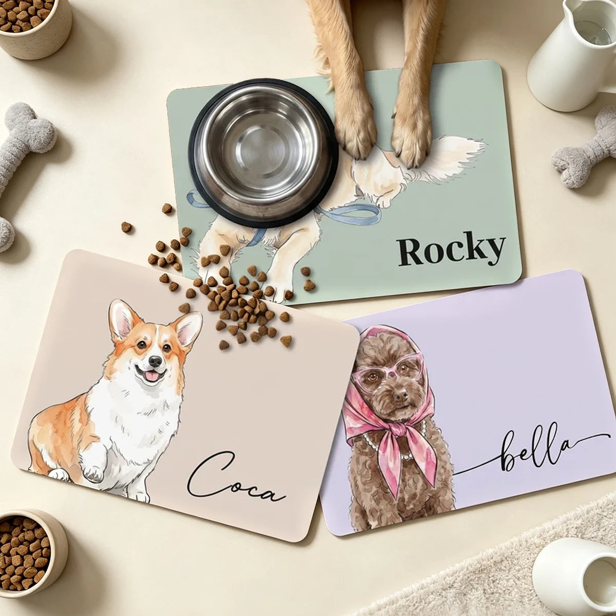 Personalized Flannel Pet Mat with Custom Watercolor Dog Portrait, Unique Feeding Area Gift for Dog Lovers