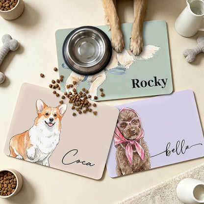 Personalized Flannel Pet Mat with Custom Watercolor Dog Portrait, Unique Feeding Area Gift for Dog Lovers