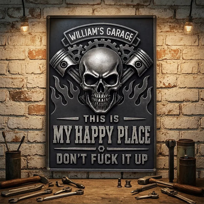 Personalized Rectangular Iron Sign, Skull, Pistons & Flames Garage Decor, Unique Gift for Car Enthusiasts