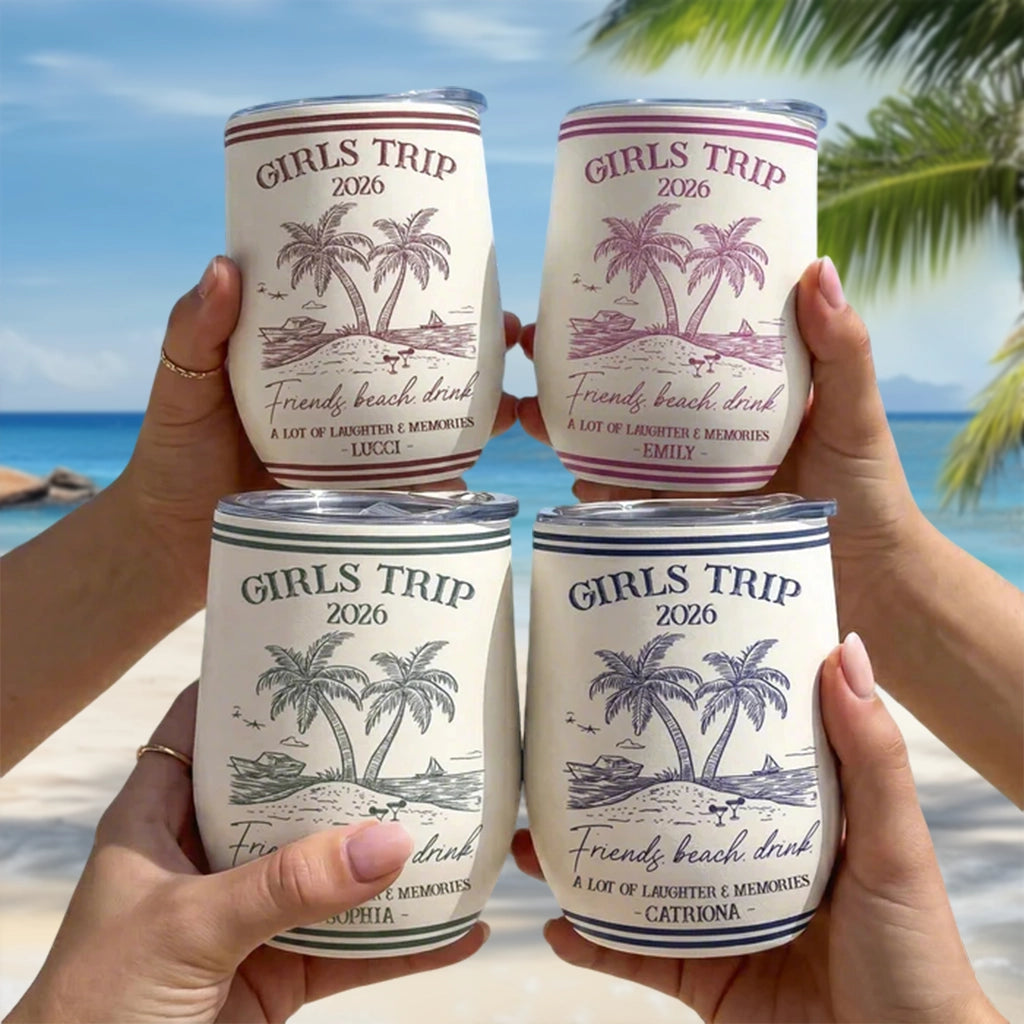 Personalized Girls Trip Beach Eggshell Cup, Palm Island Line Art, Unique Friend Group Gift For Summer Sipping