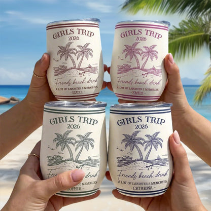 Personalized Girls Trip Beach Eggshell Cup, Palm Island Line Art, Unique Friend Group Gift For Summer Sipping