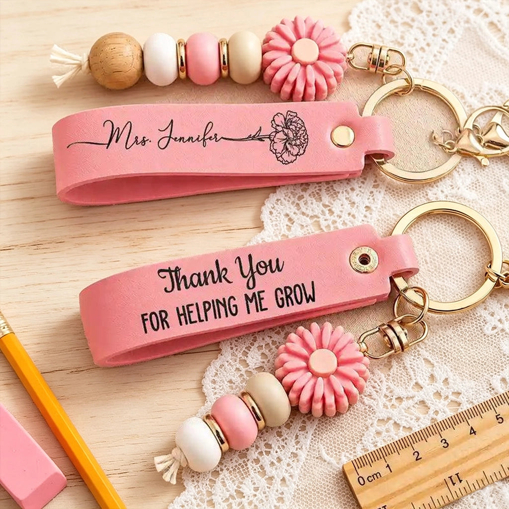 PU Leather Daisy Keychain with Pink Beads, Creative Thank You Gift for Teacher from Student