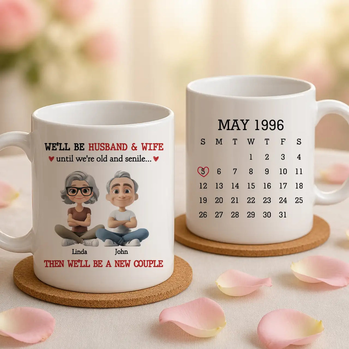 Personalized Ceramic Mug with Sitting Cartoon Couple, Calendar Date Design, Unique Gift for Husband & Wife