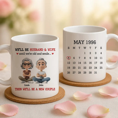 Personalized Ceramic Mug with Sitting Cartoon Couple, Calendar Date Design, Unique Gift for Husband & Wife