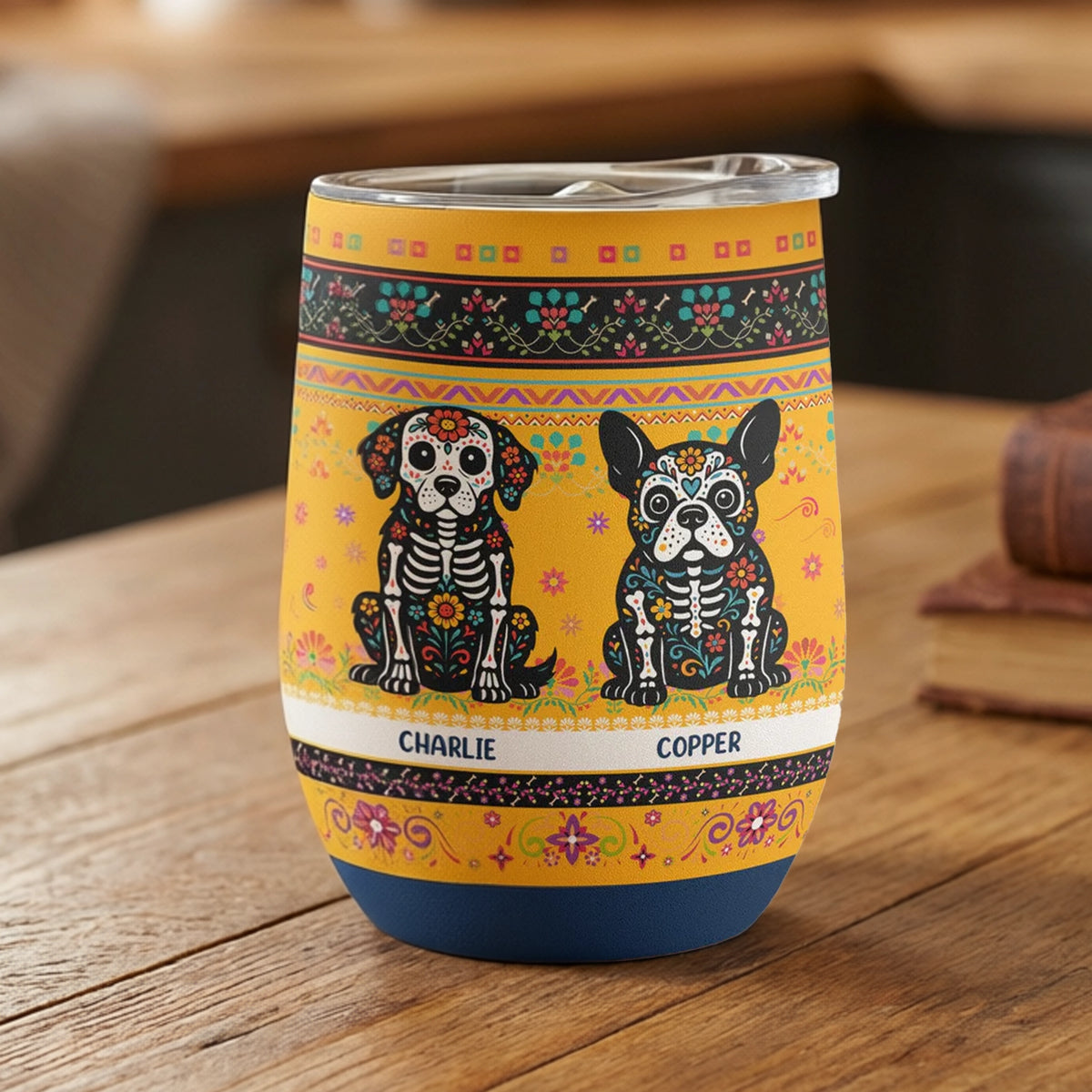 Personalized Eggshell Cup with Day of the Dead Dog Art, Mexican Floral Design, Unique Gift for Dog Lovers