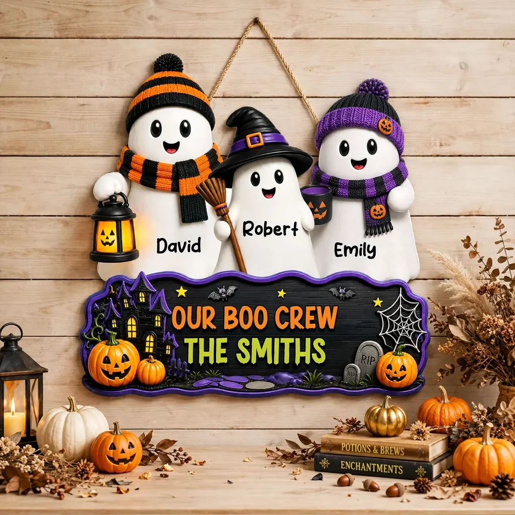 Our Boo Crew Wooden Sign, Personalized Ghost Family with Pumpkins and Haunted House, Creative Gift for Family