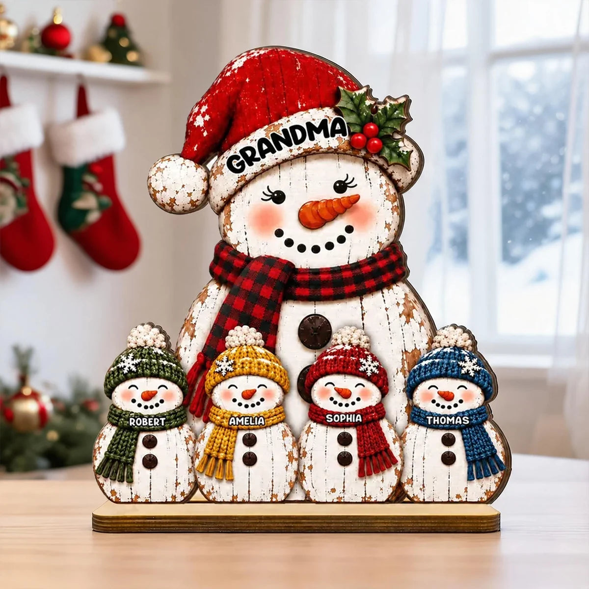 Personalized Wooden Plaque with Grandma and Grandkids Snowmen, Rustic Red Christmas Decor, Unique Gift for Grandma