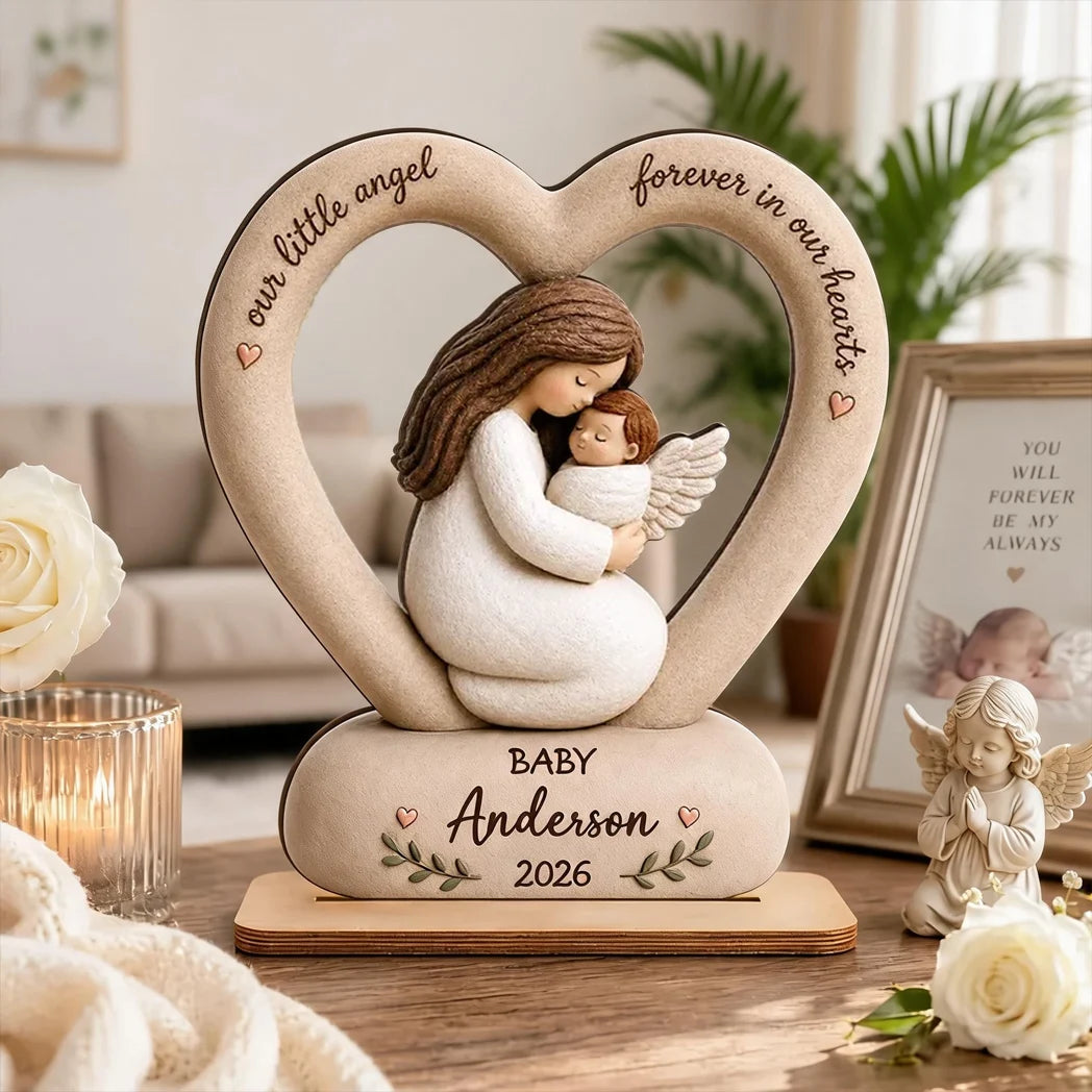Our Little Angel Forever in Our Hearts Personalized 2-Layer Wooden Plaque, Mother Cradling Baby Angel, Creative Family Gift