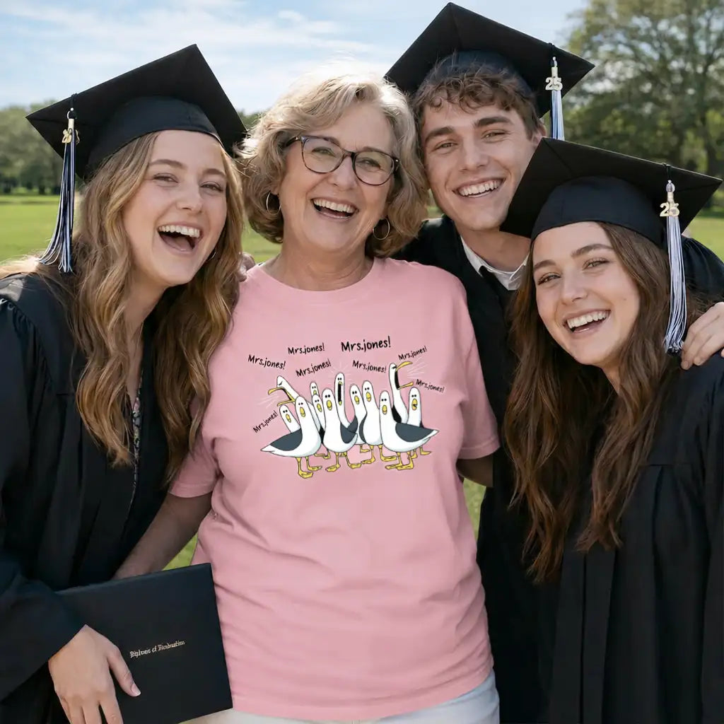 Personalized Classic Tee with Funny Seagulls, Unique Teacher Appreciation Gift in Vibrant Pink