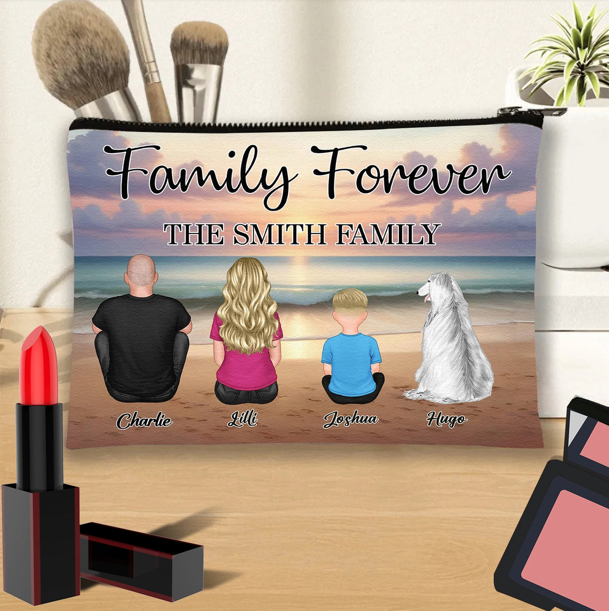 Family Forever Beach Design - Personalized Men's Wallet, Wooden Carhanger, LED Plaque, Keychain, Poster, Wallet Card, and Pillow, Unique Gift