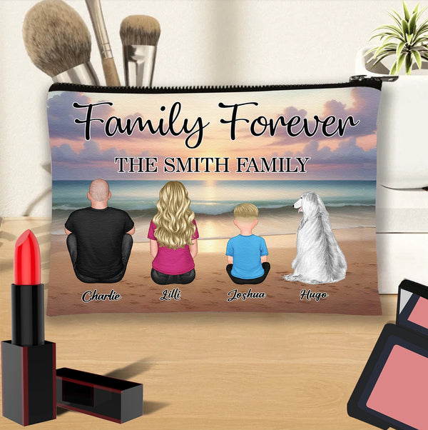 Family Forever Beach Design - Personalized Cosmetic Bag, Wooden Carhanger, LED Plaque, Keychain, Poster, Wallet Card, and Pillow, Unique Gift