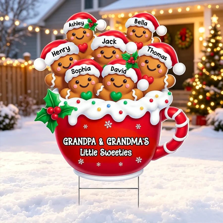 Grandpa & Grandma's Little Sweeties Shaped Yard Sign, Personalized Gingerbread Family, Creative Gift for Grandparents