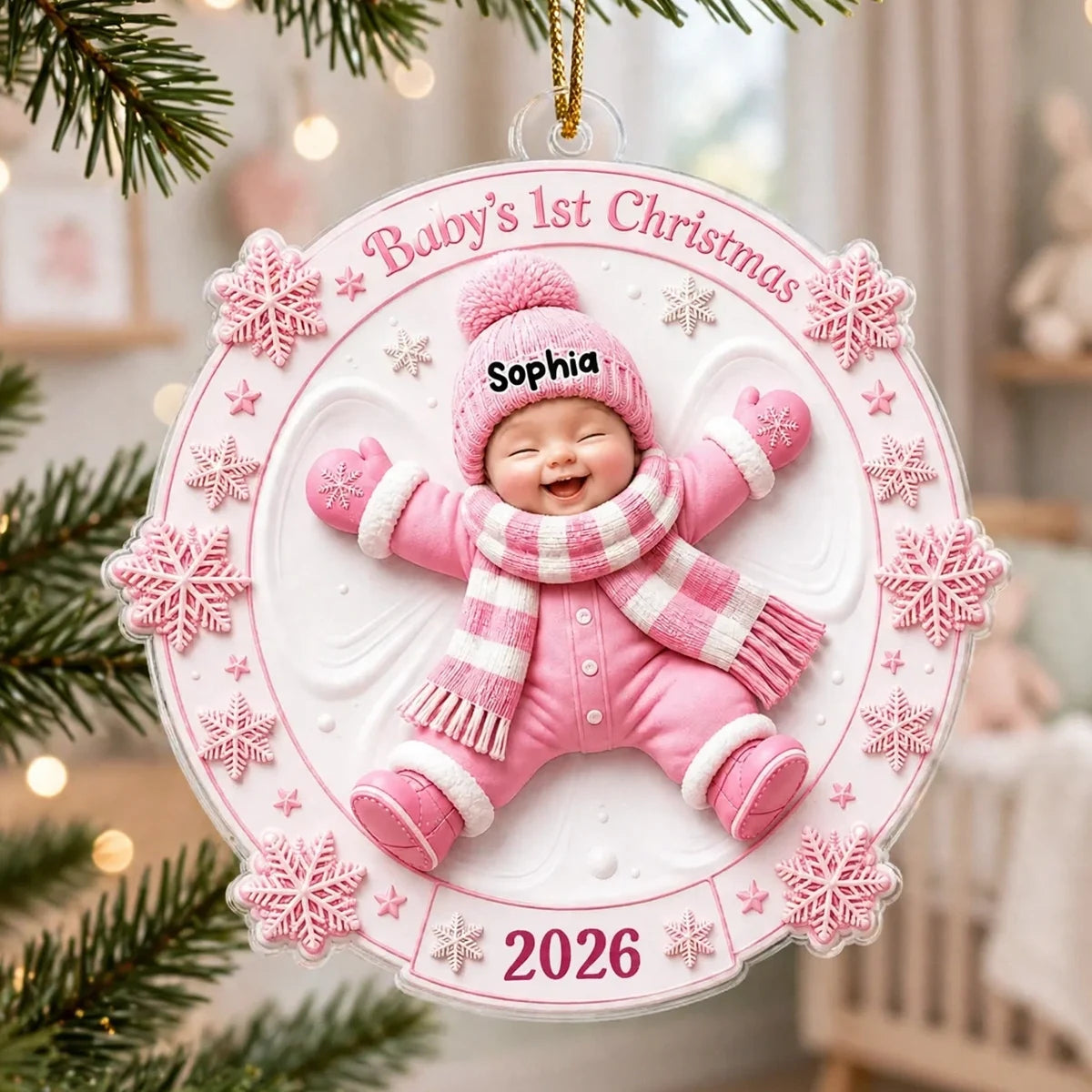 Personalized Acrylic Ornament, Smiling Baby Snow Angel in Pink, Unique Christmas Gift for New Parents